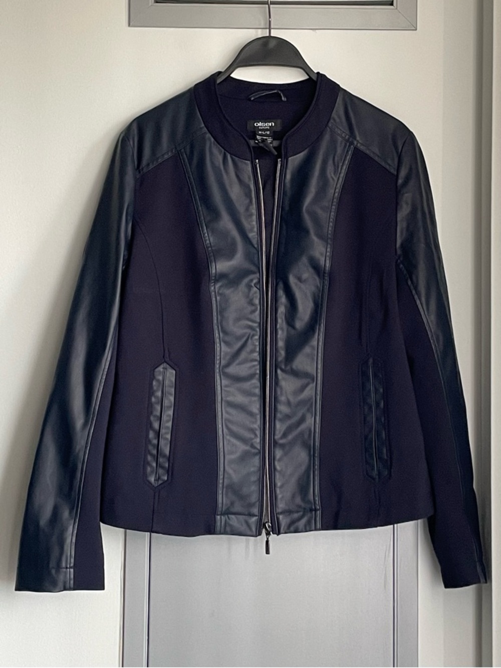 OLSEN EUROPE Navy Faux Leather-Panel Zip Front Jacket